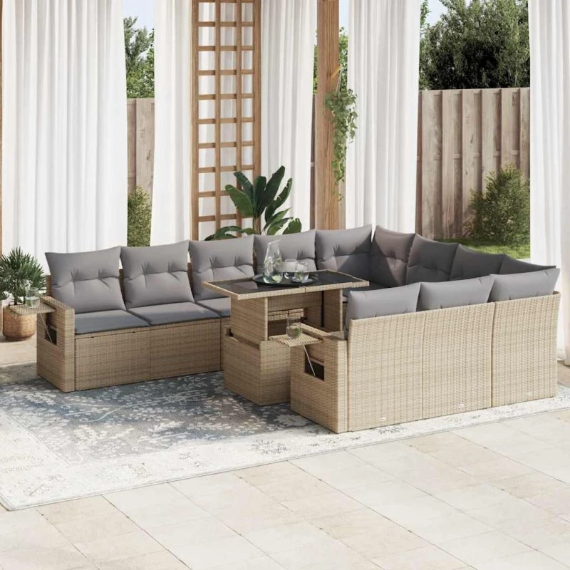 vidaXL 11-delssofasæt med hynder i polyrattan beige