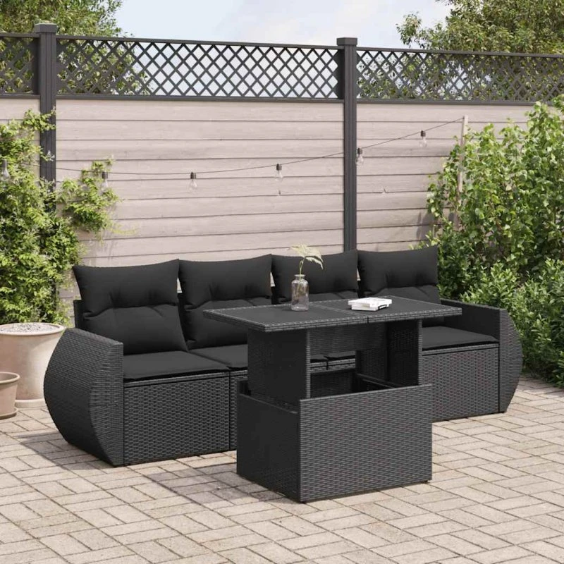 vidaXL 5-delssofasæt med hynder, polyrattan, sort