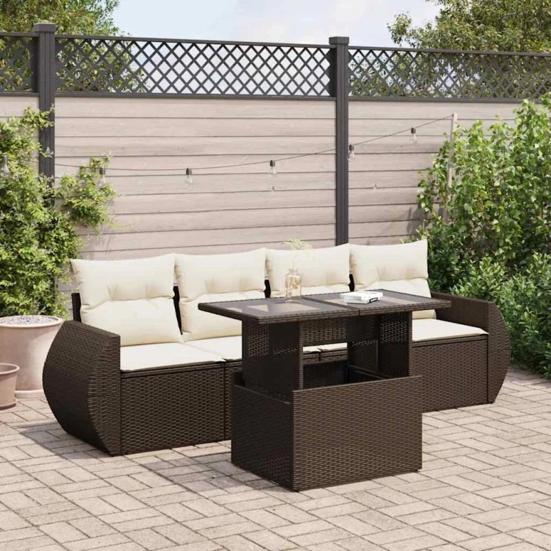 vidaXL 5-delssofasæt med hynder, polyrattan brun