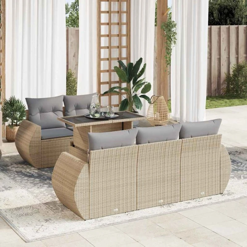 vidaXL 6-delssofasæt med hynder, polyrattan, beige