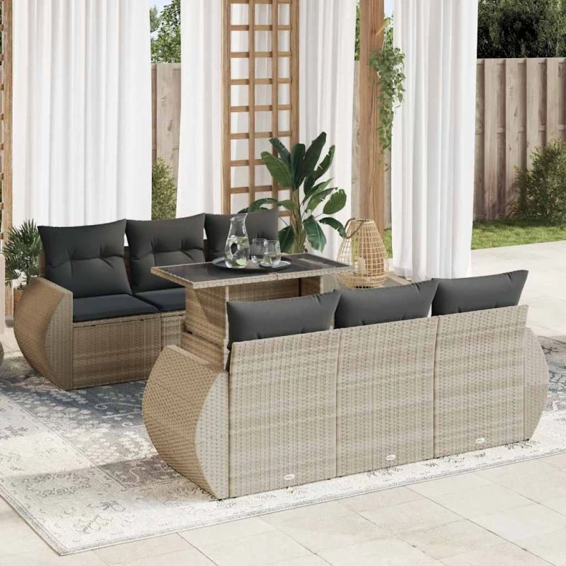 vidaXL 7-delssofasæt med hynder, lysegrå, polyrattan
