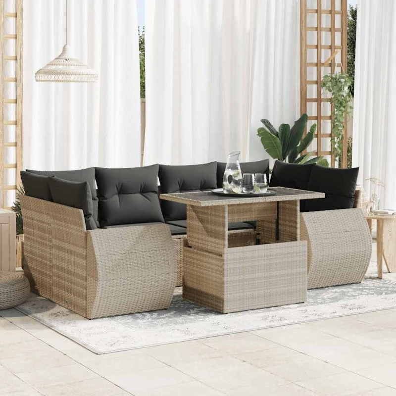 vidaXL 7-delssofasæt med hynder, polyrattan lysegrå