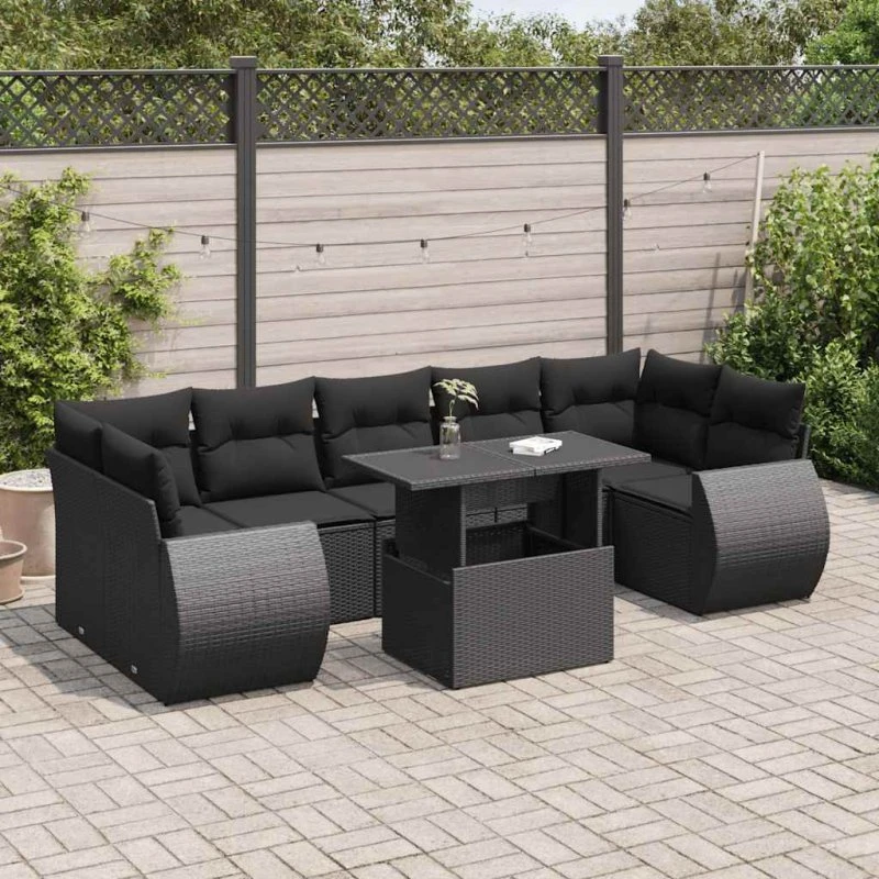 vidaXL 8-delssofasæt med hynder, polyrattan, sort