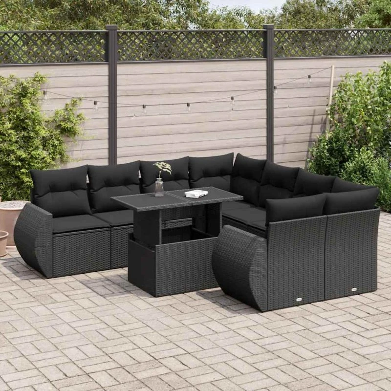 vidaXL 9-delers havemøbelsæt med hynder i sort polyrattan