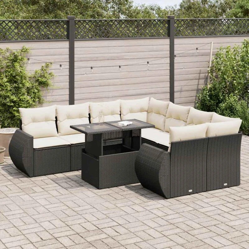 vidaXL 9-delers havemøbelssæt med hynder i sort polyrattan