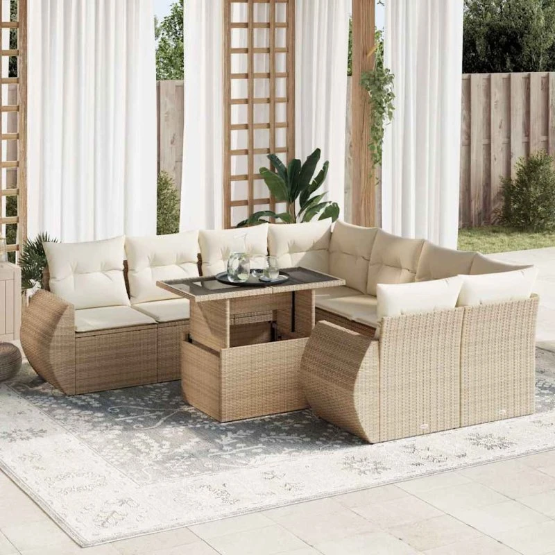 vidaXL 9-delers havemøbelssæt med hynder i polyrattan beige