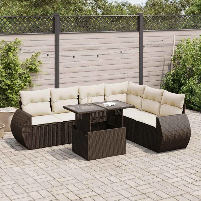 vidaXL 7-delssofasæt med hynder polyrattan brun