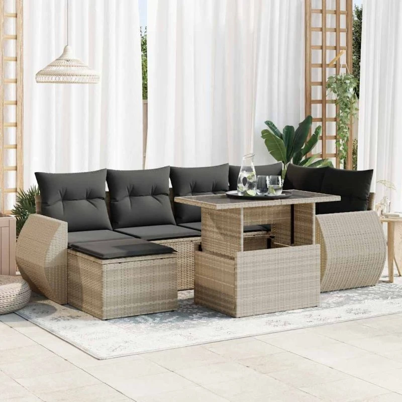 vidaXL 7-delssofasæt med hynder, lysegrå, polyrattan