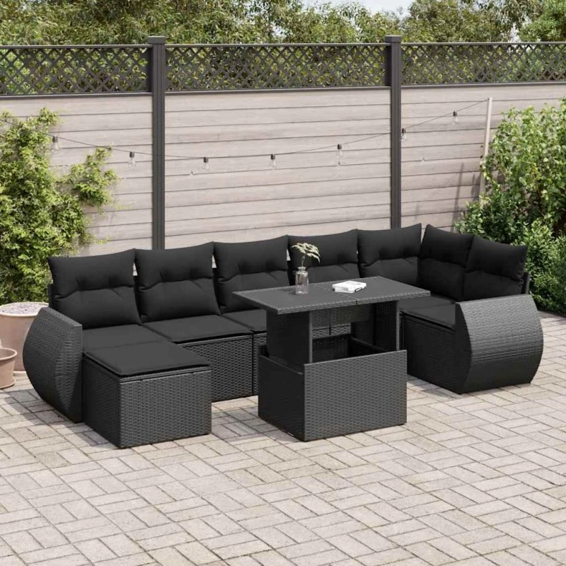 vidaXL 8-delssofasæt med hynder, polyrattan, sort