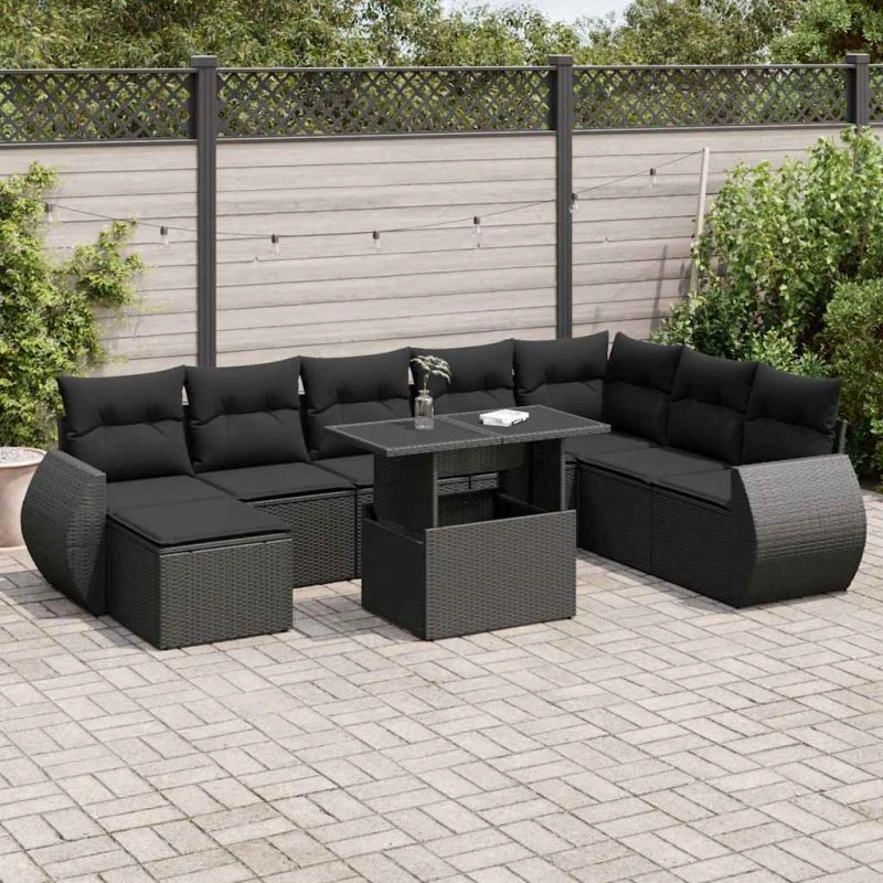 vidaXL 9-delssofasæt med hynder, polyrattan, sort