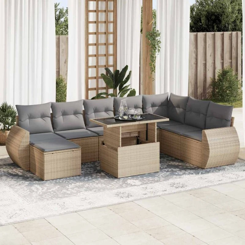 vidaXL 9-deligt havesofasæt med hynder i polyrattan, beige