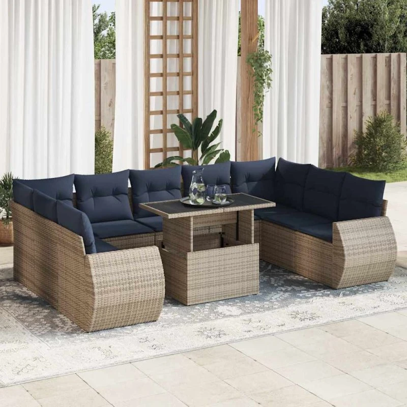vidaXL 10-delsofasæt med hynder i polyrattan og akacietræ, grå