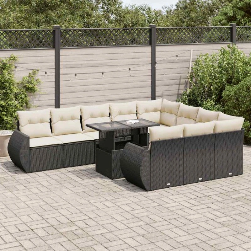 vidaXL 11-delssofasæt med hynder i polyrattan, sort