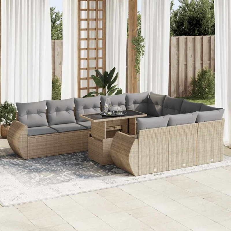vidaXL 11-delssofasæt med hynder i polyrattan beige