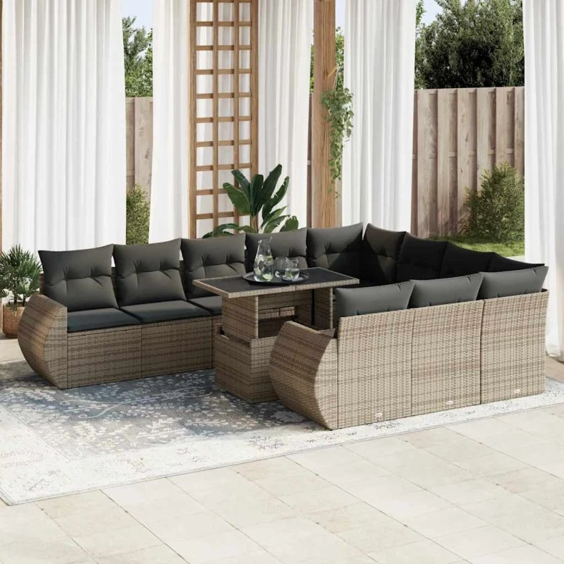 vidaXL 11-delers loungesæt med hynder i polyrattan grå