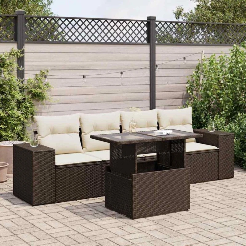 vidaXL 5-delssofasæt med hynder, polyrattan brun