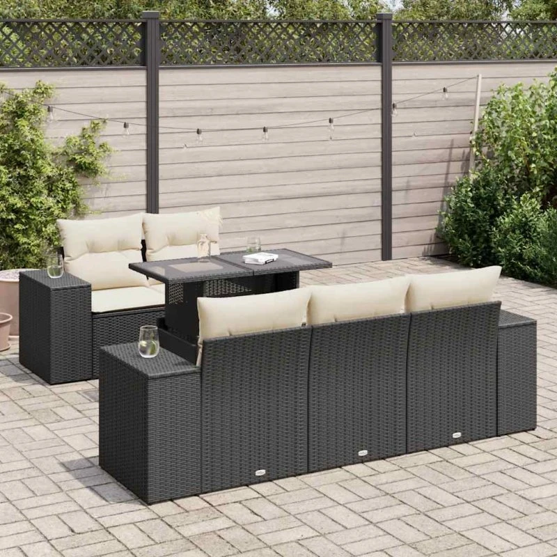 vidaXL 6-deles havesofasæt med hynder polyrattan sort