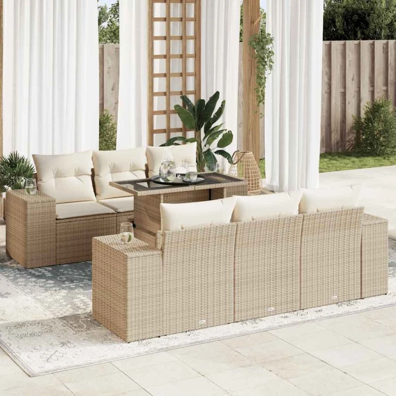 vidaXL 7-deles polyrattan sofasæt med hynder, beige