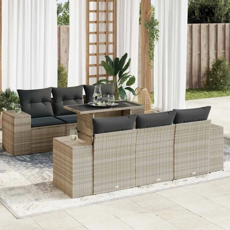 vidaXL 7-deles polyrattan sofasæt lysegrå med hynder