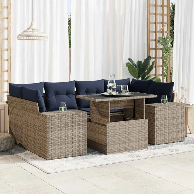 vidaXL 7-deles havesofa med hynder i grå polyrattan og akacietræ