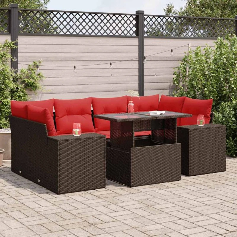 vidaXL 7-deles havesofasæt med hynder i polyrattan brun