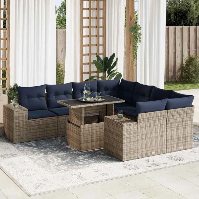 vidaXL 9-deligt havesofasæt med hynder i polyrattan og akacietræ, grå