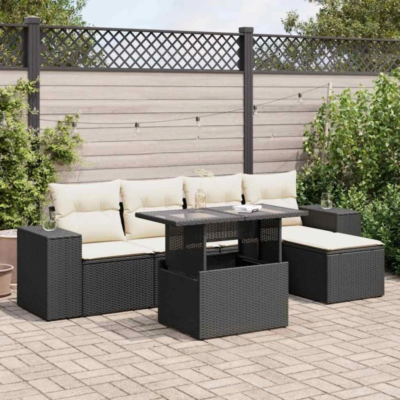 vidaXL 6-delssofasæt med hynder, polyrattan sort