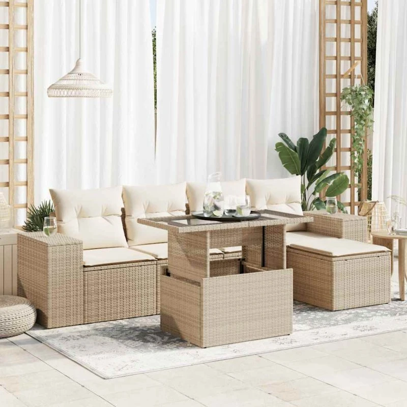 vidaXL 6-delssofasæt med hynder, polyrattan, beige