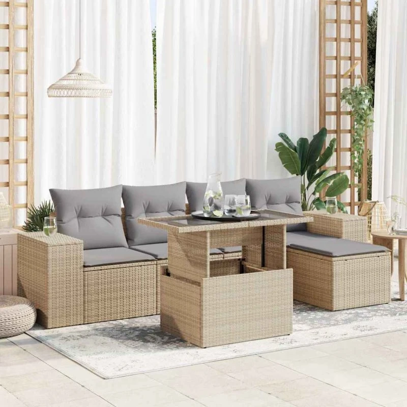 vidaXL 6-delssofasæt med hynder, polyrattan, beige