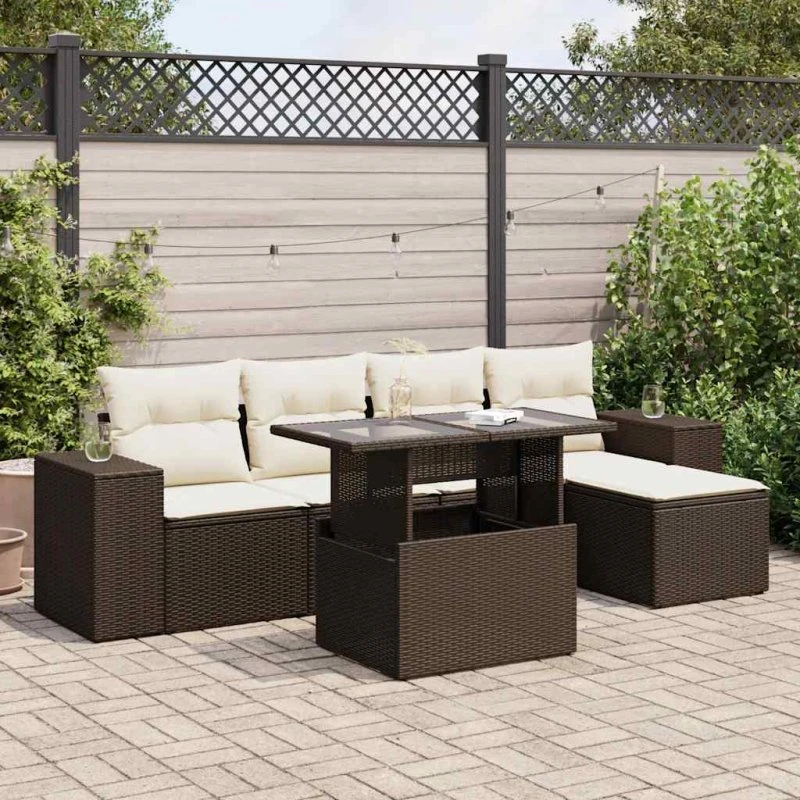 vidaXL 6-delssofasæt med hynder, polyrattan brun