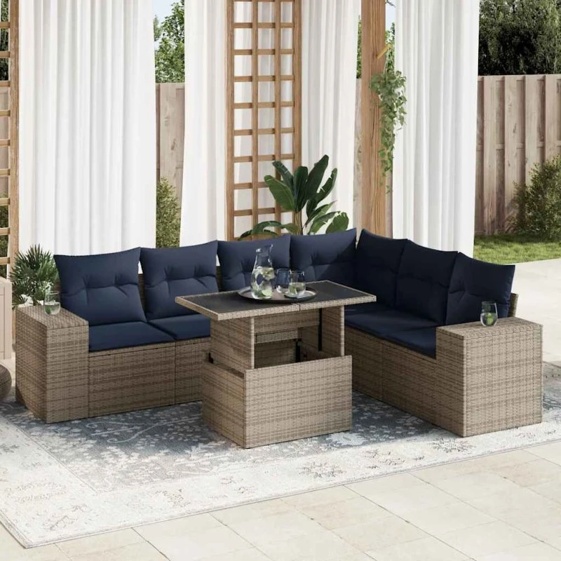 vidaXL 7-delers havesofasæt med hynder i polyrattan, grå