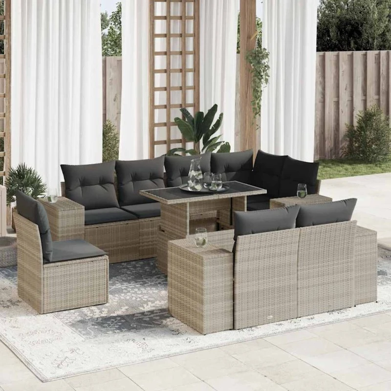 vidaXL 9-delssofasæt med hynder, polyrattan lysegrå