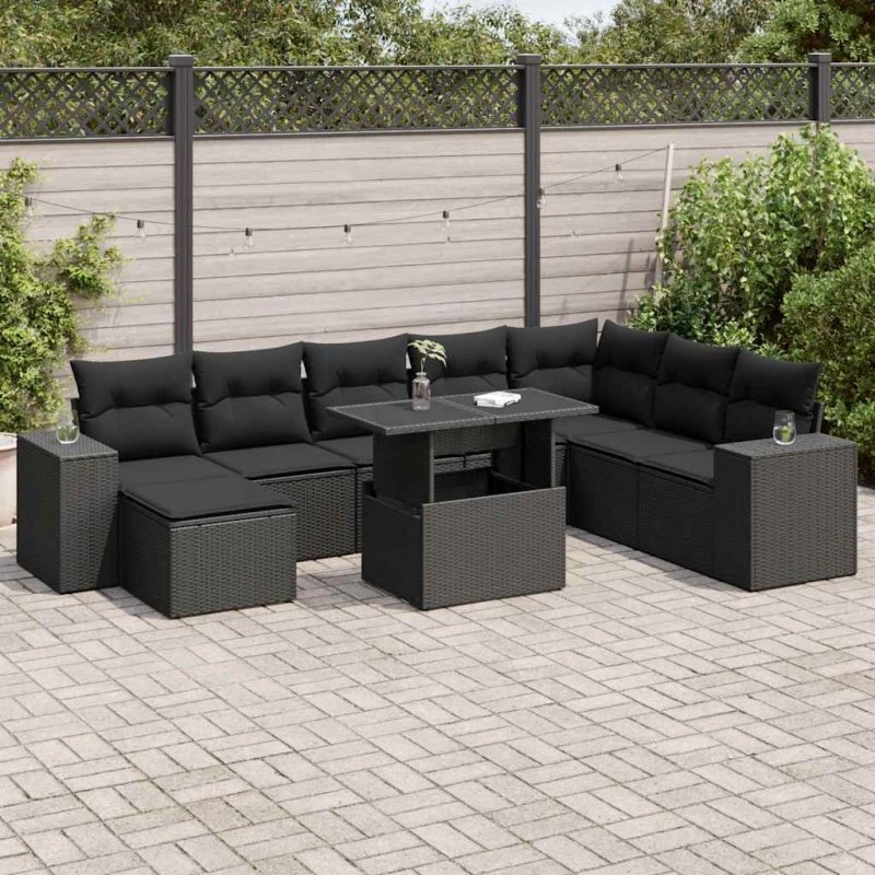 vidaXL 9-deligt havesofasæt med hynder i polyrattan, sort