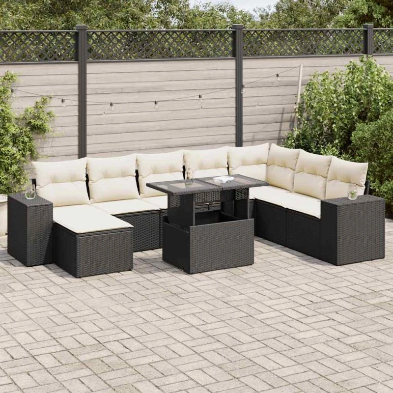 vidaXL 9-deligt havesofasæt med hynder i polyrattan, sort