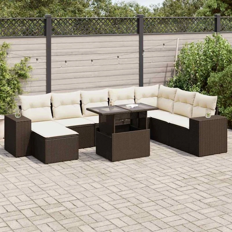 vidaXL 9-delssofasæt med hynder polyrattan brun