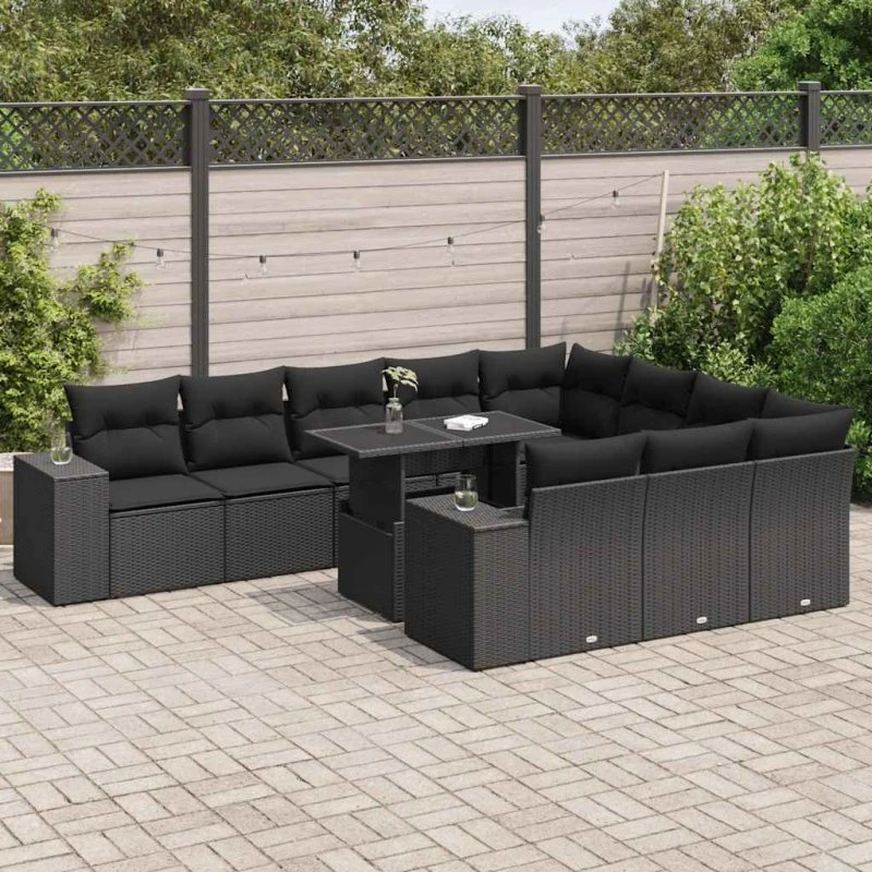 vidaXL 11-delssofasæt med hynder i polyrattan, sort