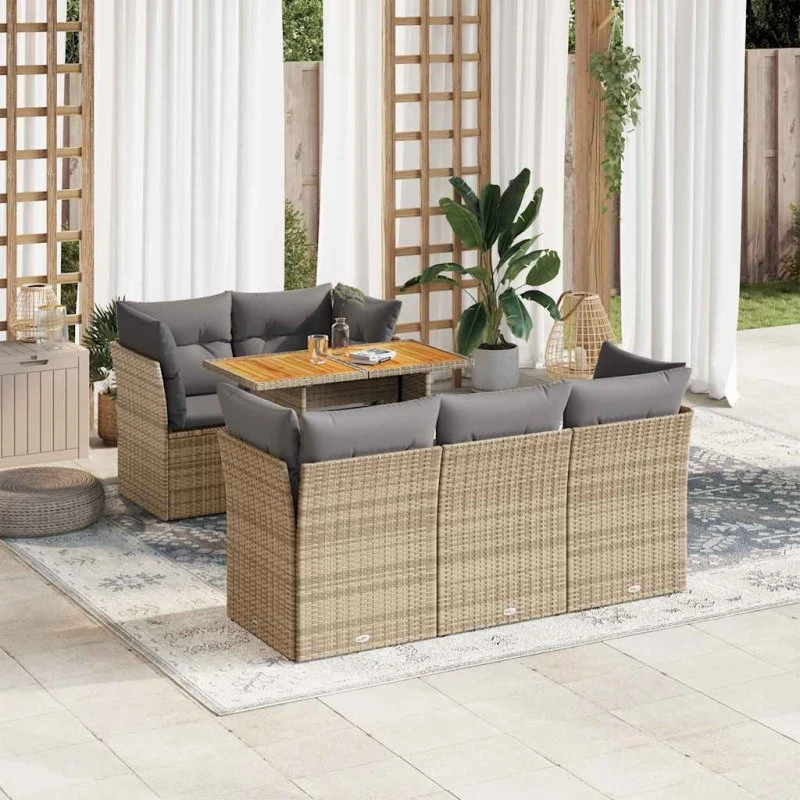 vidaXL 6-delssofasæt med hynder i polyrattan, beige