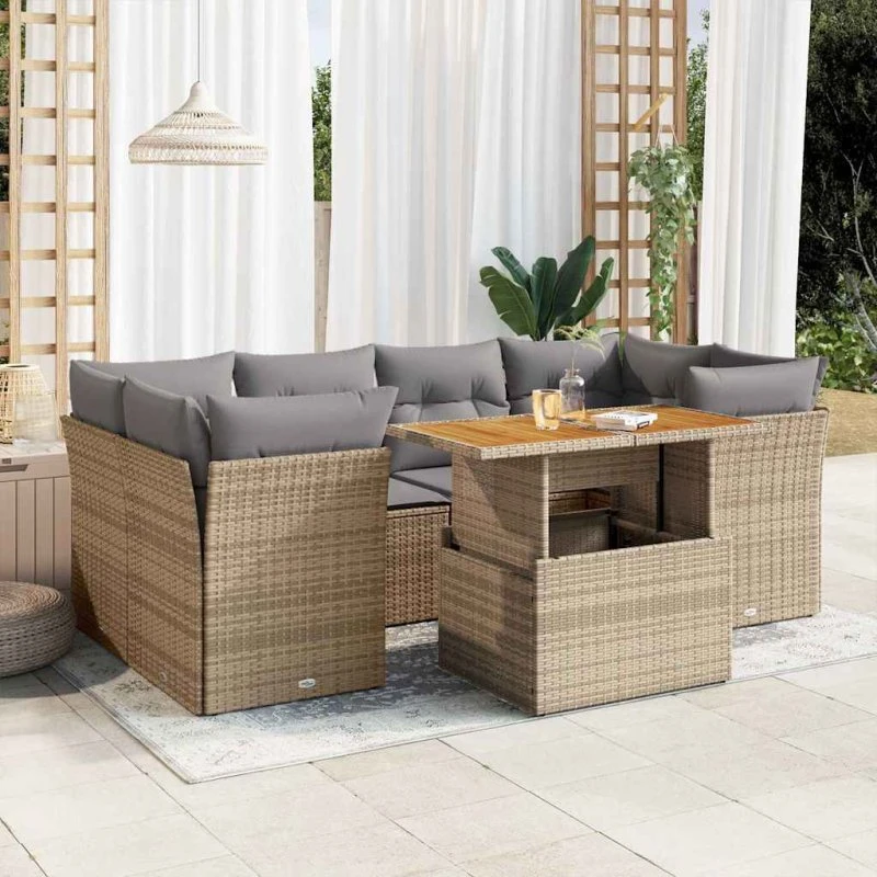 vidaXL 7-deles polyrattan sofasæt med hynder, beige