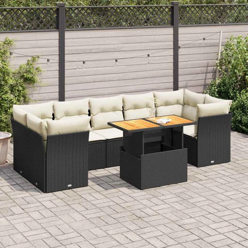 vidaXL 8-delssofasæt med hynder i polyrattan, sort