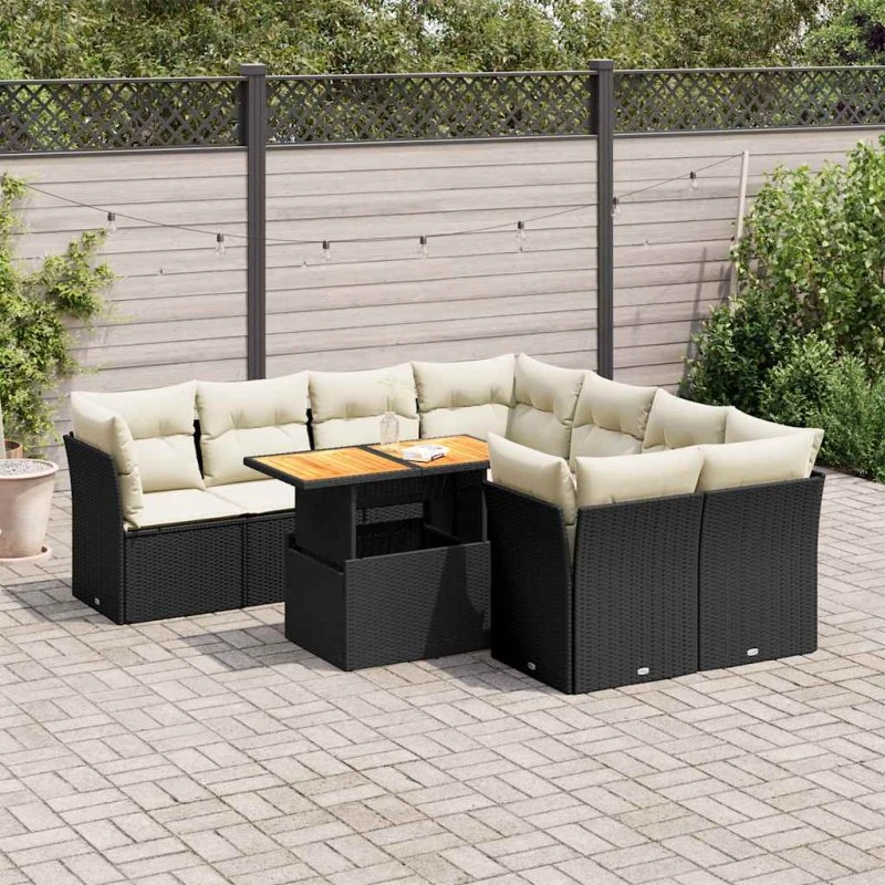 vidaXL 9-deles havesofasæt med hynder i polyrattan, sort