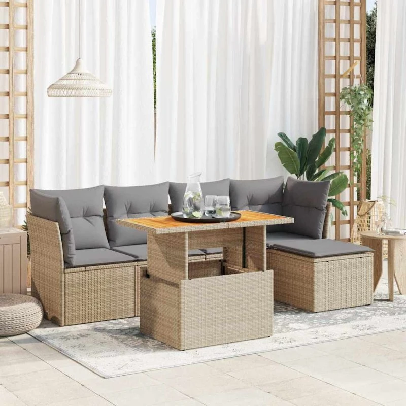 vidaXL 6-delers polyrattan sofasæt med hynder, beige
