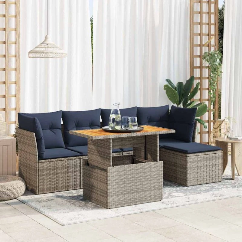 vidaXL 6-delssofasæt med hynder i polyrattan grå