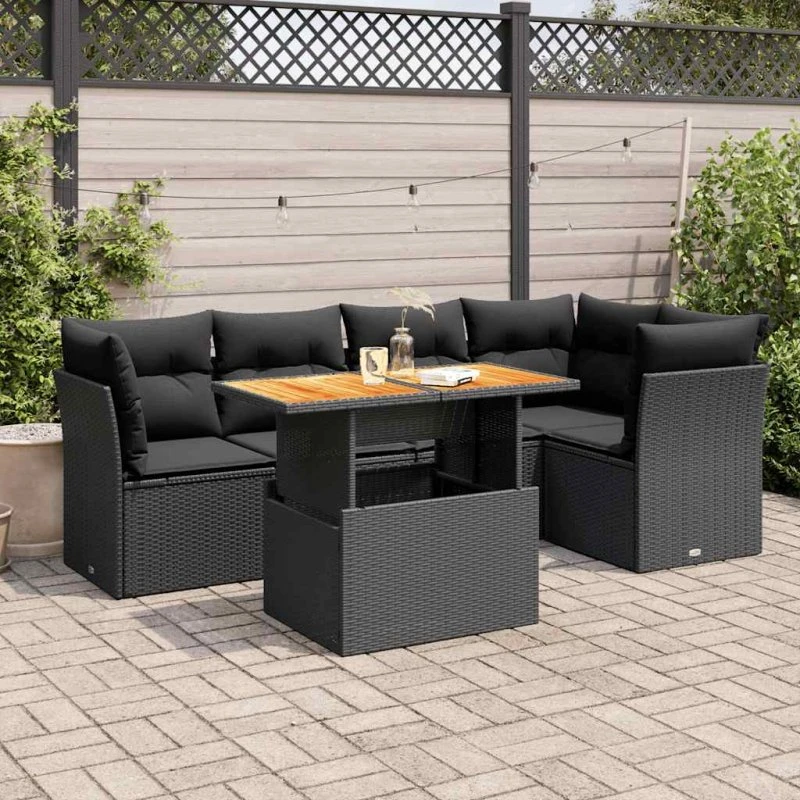 vidaXL 6-deligt sofasæt med hynder i polyrattan, sort