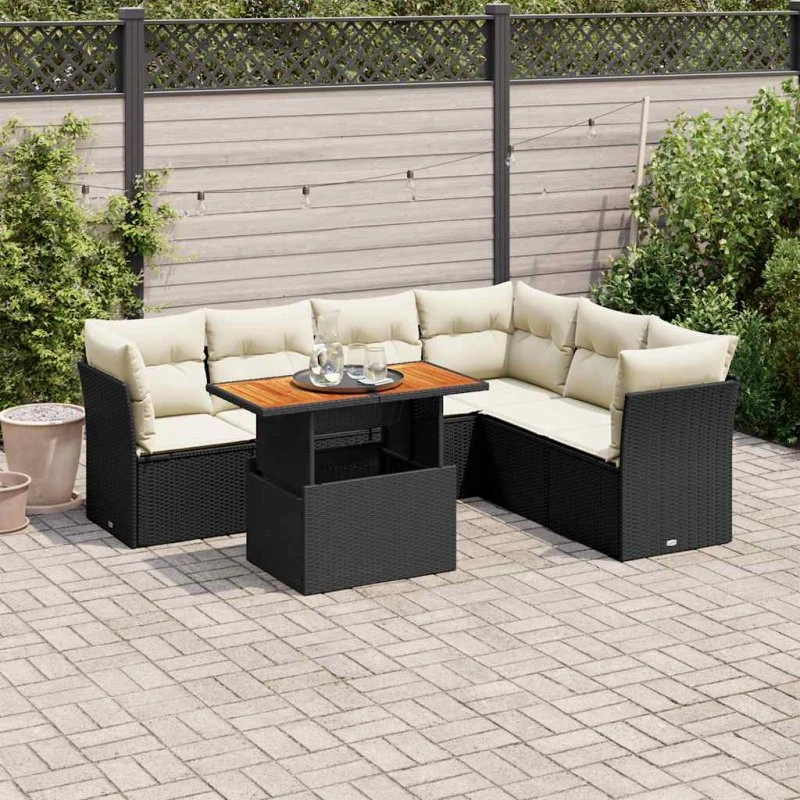 vidaXL 7-deles sofasæt med hynder, polyrattan sort