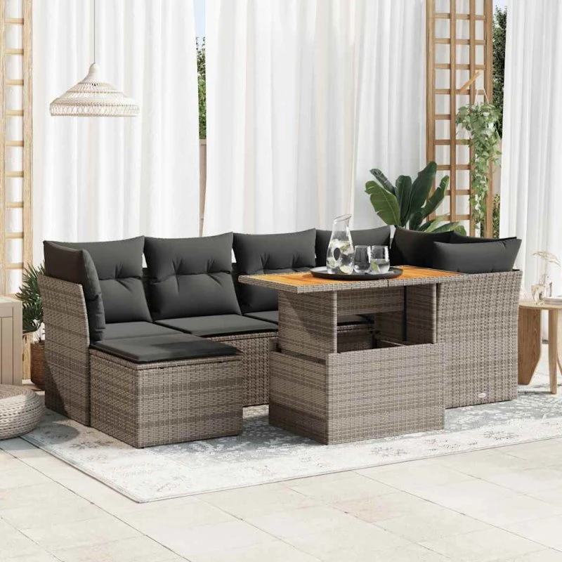 vidaXL 7-deles havesofasæt med hynder i polyrattan grå