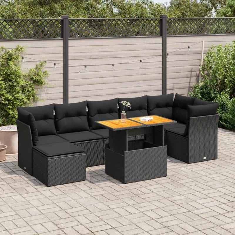 vidaXL 8-deles havesofasæt med hynder i polyrattan, sort