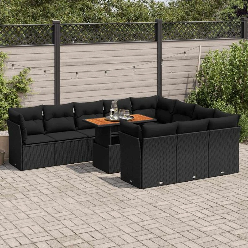 vidaXL 11-delssofasæt med hynder, polyrattan sort