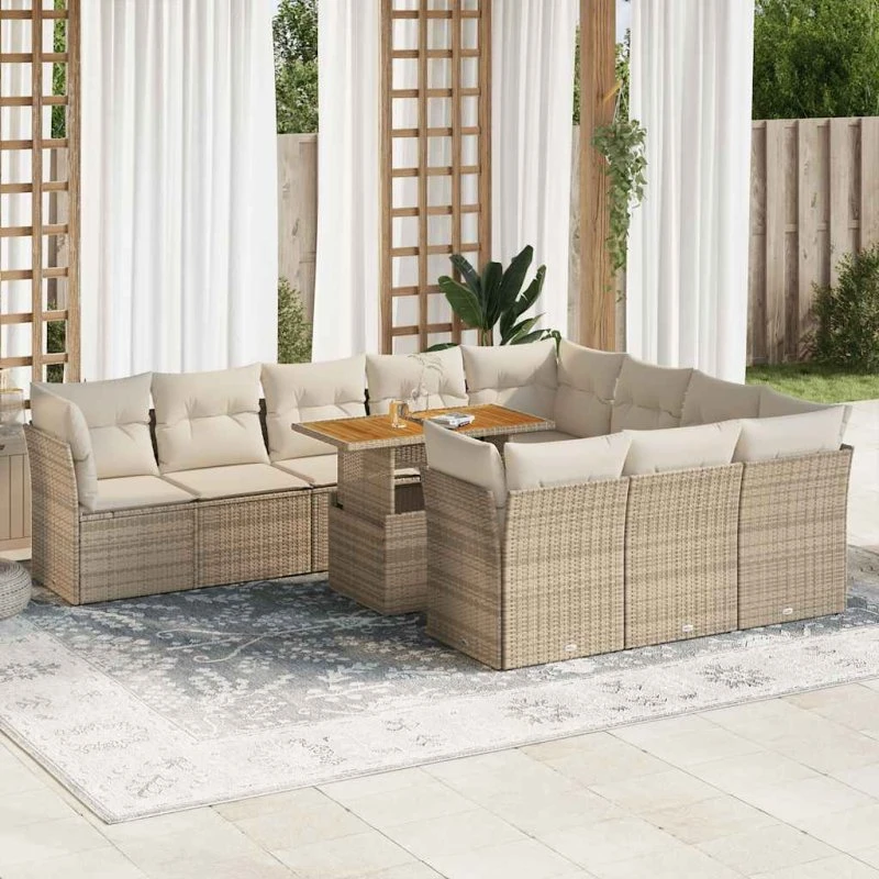 vidaXL 11-delssofasæt med hynder, polyrattan beige