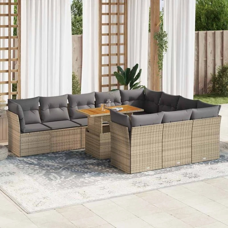 vidaXL 11-delers havesofasæt med hynder i polyrattan beige