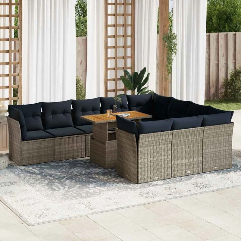 vidaXL 11-delens loungesæt med hynder i polyrattan grå
